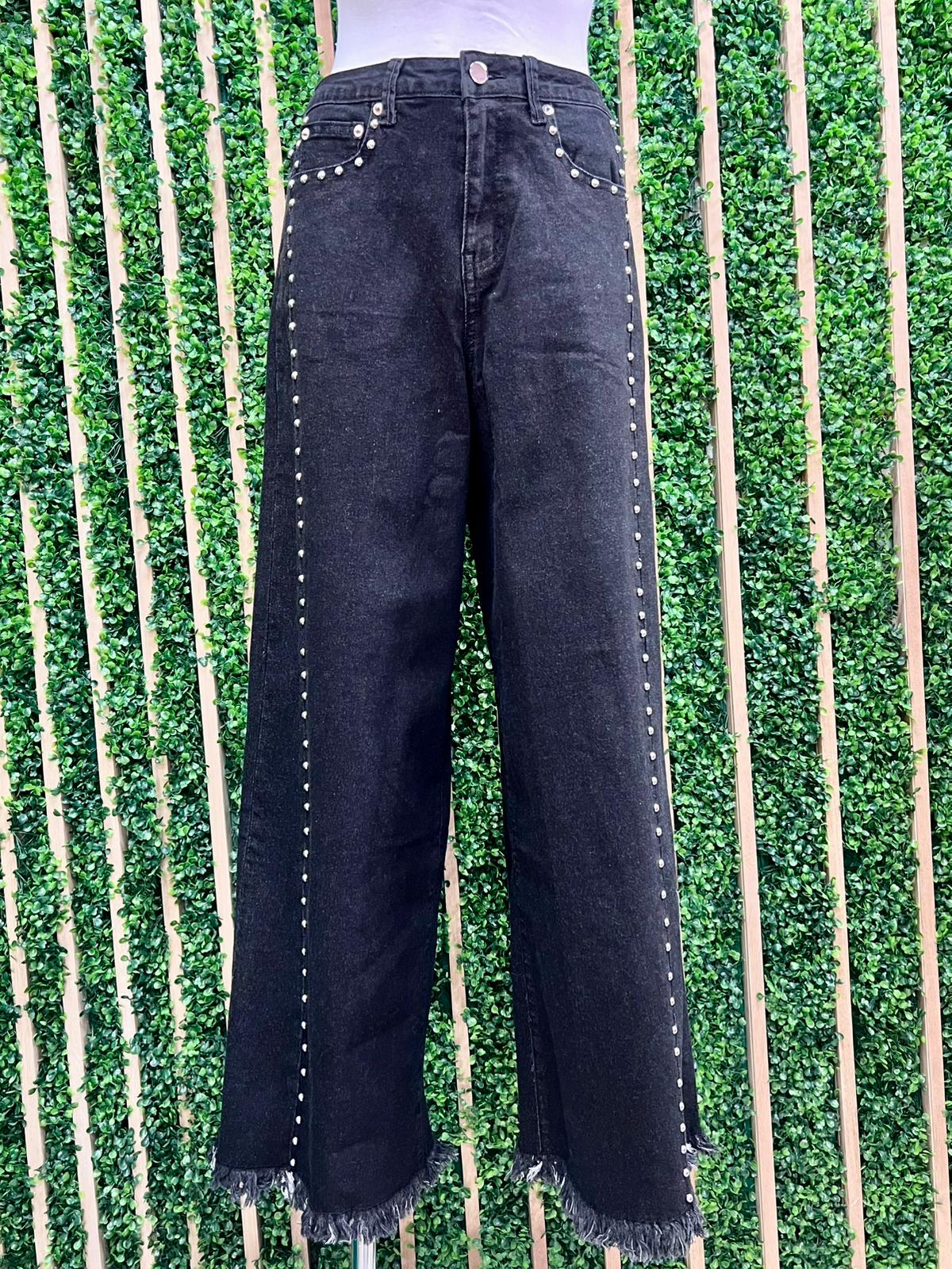 Black High Waist Studded Wide Leg Denim