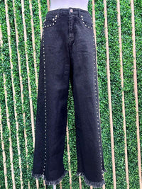 Black High Waist Studded Wide Leg Denim