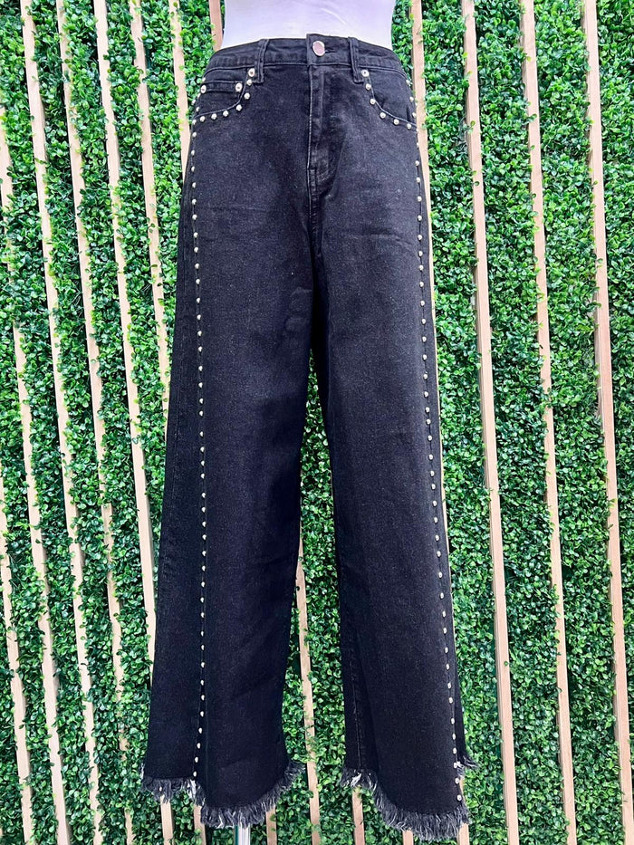 Black High Waist Studded Wide Leg Denim