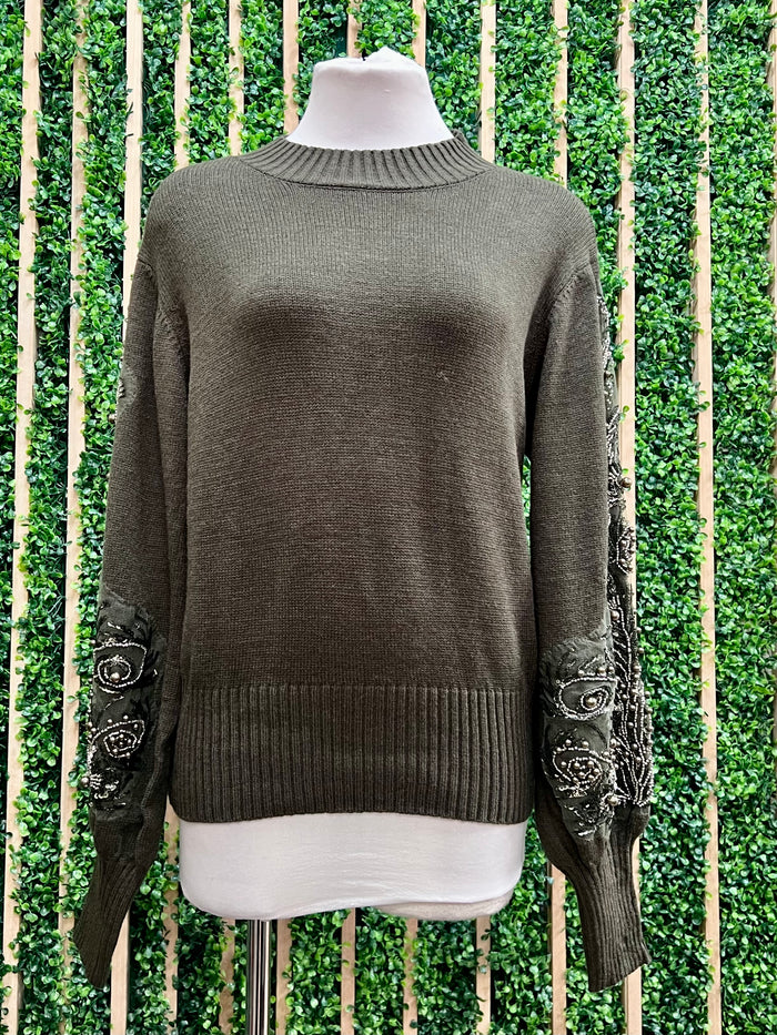 Dark Olive Embellished Sleeve Knit Sweater