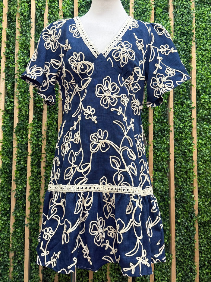 Navy Floral Embroidered Mini Dres