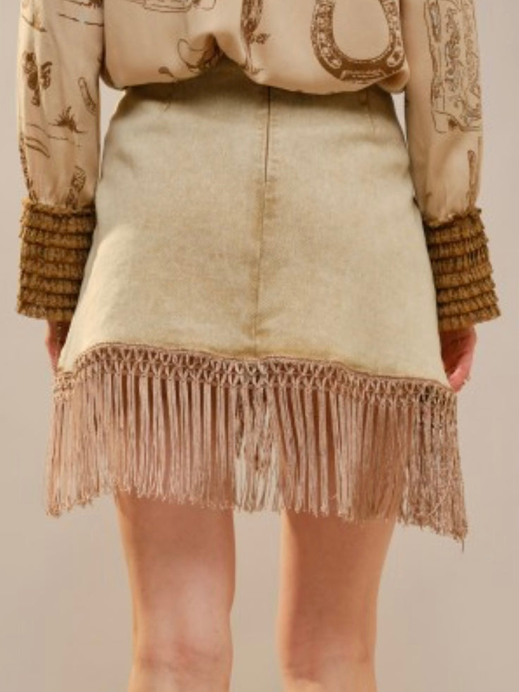 Camel Denim Fringe Wrap skirt