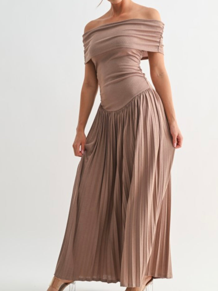 Beautiful Mocha Off Shoulder Pleated Maxi Dress