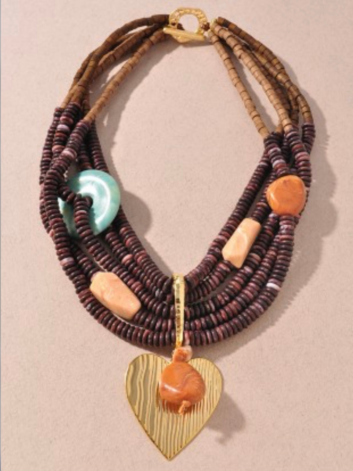 Boho Layered Wood Bead Heart Necklace