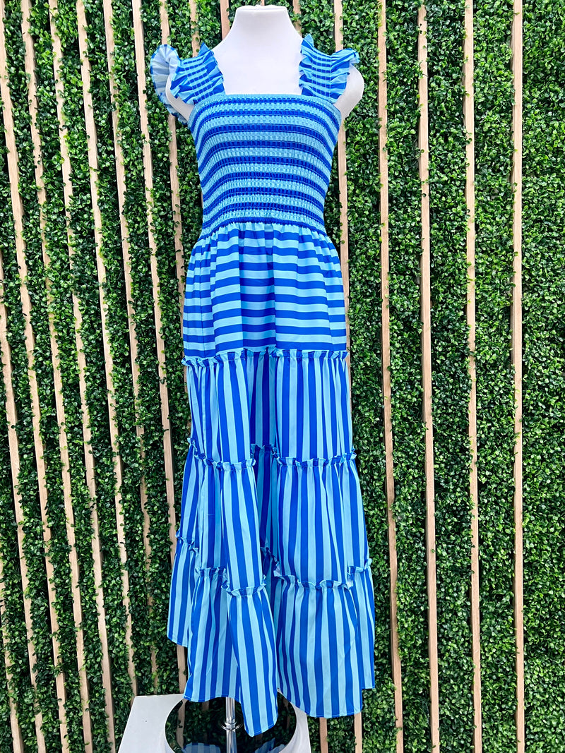 Blue Multi Stripe Ruched Maxi Dress