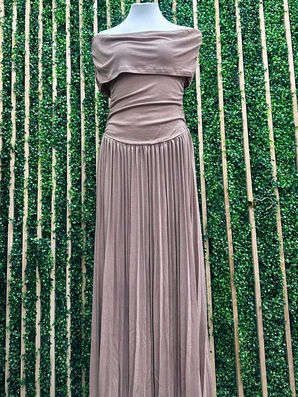 Beautiful Mocha Off Shoulder Pleated Maxi Dress