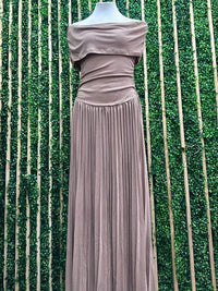 Beautiful Mocha Off Shoulder Pleated Maxi Dress