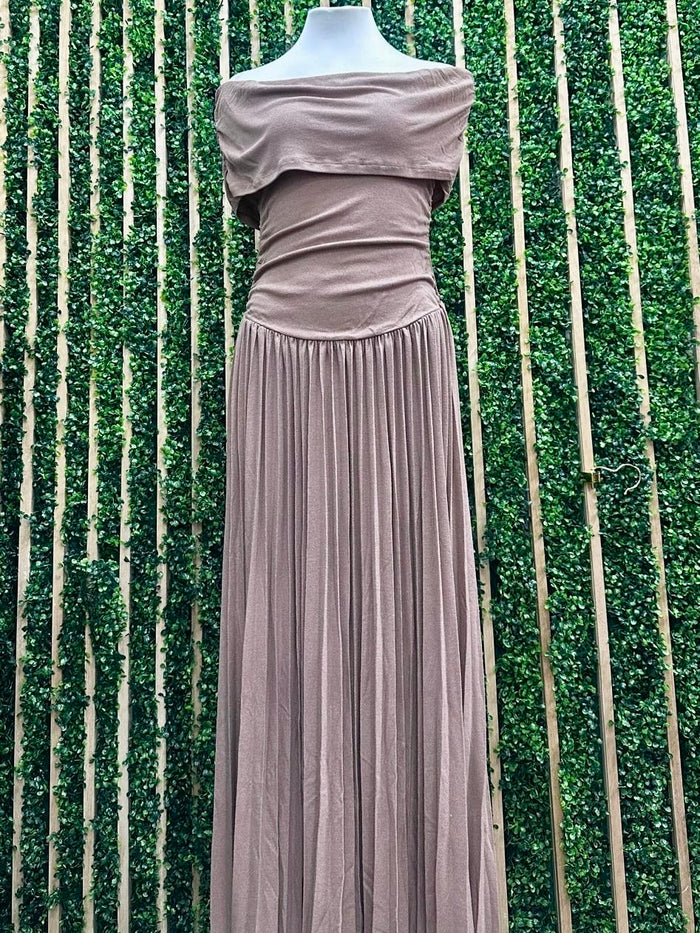 Beautiful Mocha Off Shoulder Pleated Maxi Dress