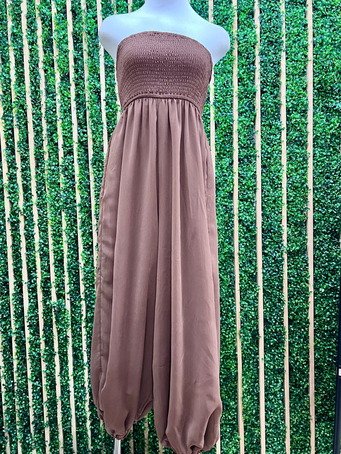 Dressy Strapless Smocked Wide-Leg Jumpsuit