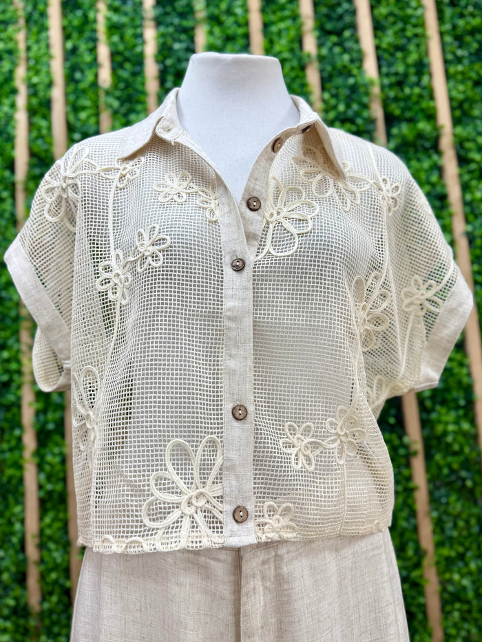 Cream Floral Embroidered Crop Blouse