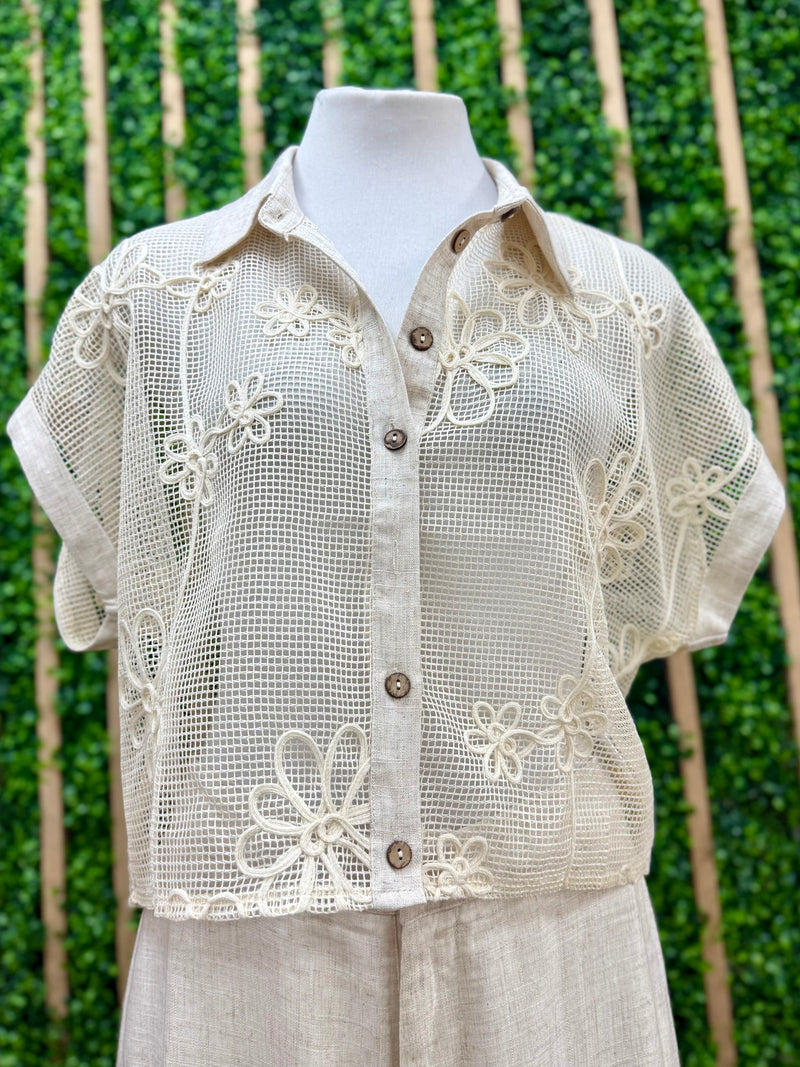 Cream Floral Embroidered Crop Blouse