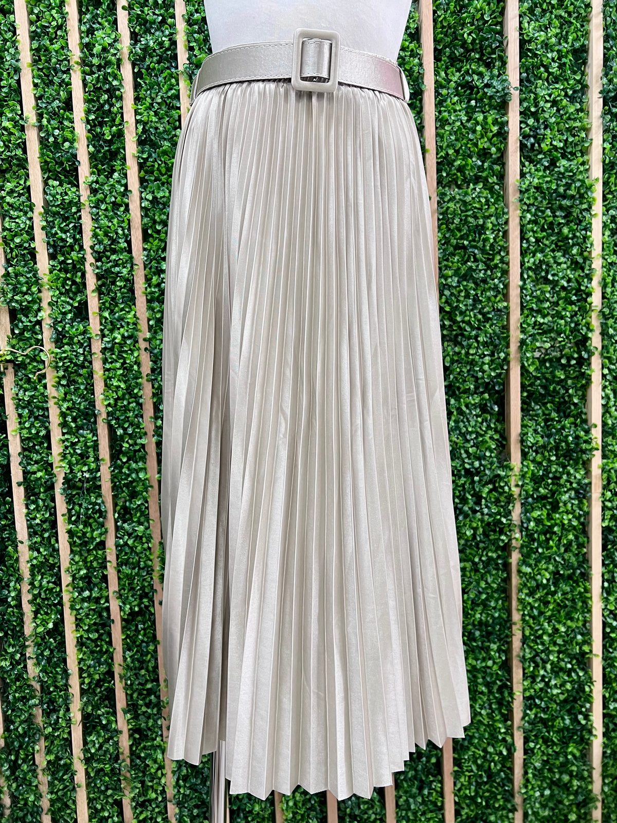 Ivory Satin Pleated Midi Skirt