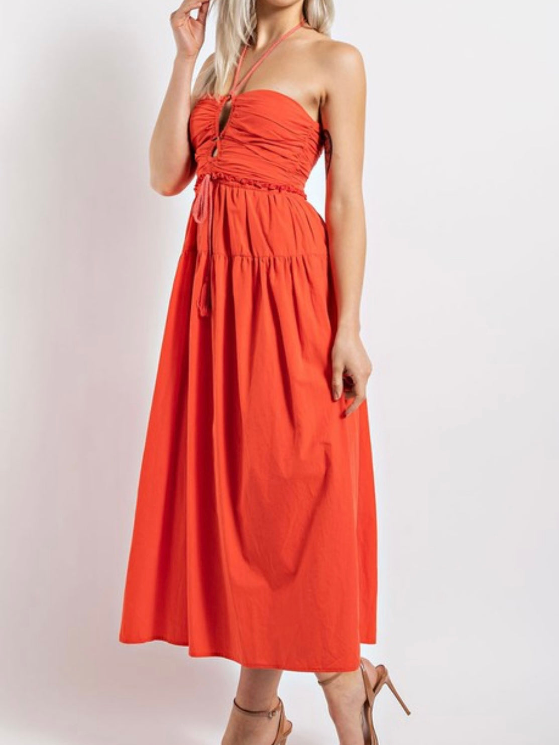 Tomato Halter Ruched Midi Dress