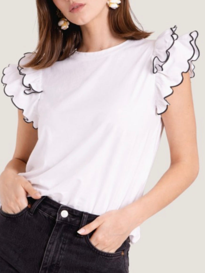 Black Trimmed White Ruffle Sleeve Top