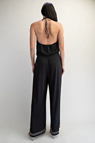 Black Grommet Trim Halter Wide-Leg Jumpsuit