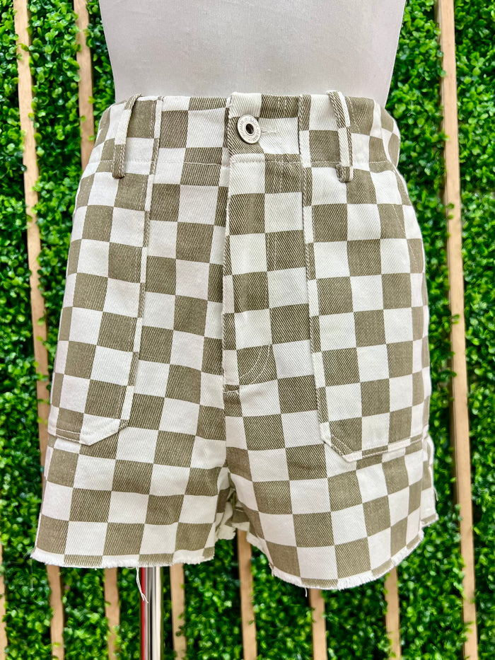 Taupe Checker Print Short Pants