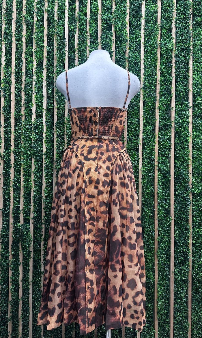 Exquisite Rhinestone Trim Leopard Bustier Midi Dress