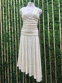 Beautiful Cream V Neck Dots Asymmetric Midi Dress