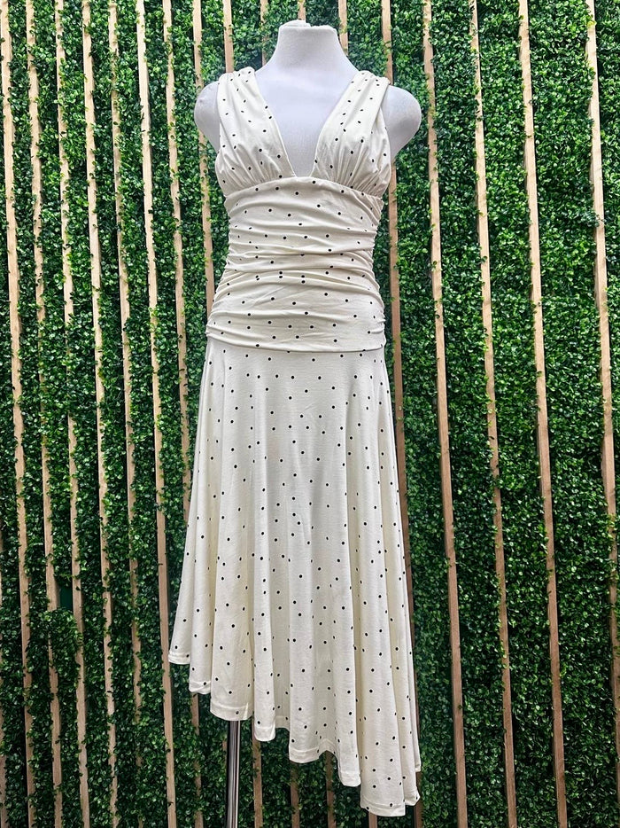 Beautiful Cream V Neck Dots Asymmetric Midi Dress