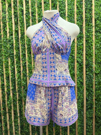 Blue Printed Patchwork Smocked Waist Shorts