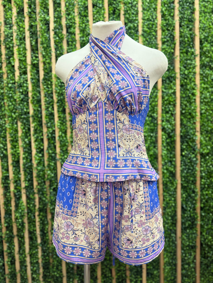 Blue Printed Patchwork Smocked Waist Shorts