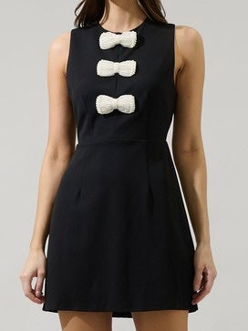 Pearl Bow Detail Black Short Dress