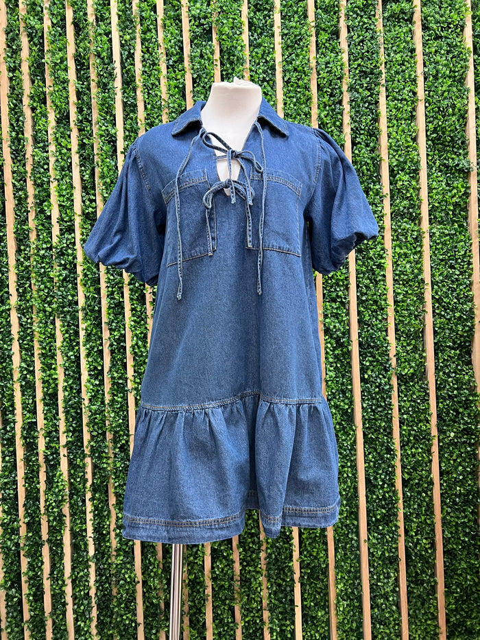 Bow Detail Dark Denim Drop Waist Short Dress