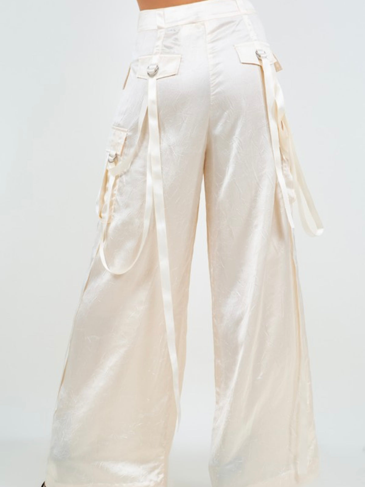 Satin Cream Crinkled Cargo Dressy Pants