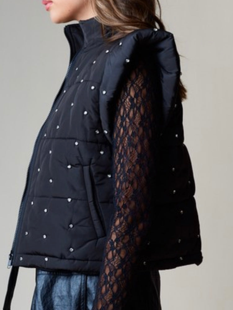 Black Rhinestone Studded Puffer Vest