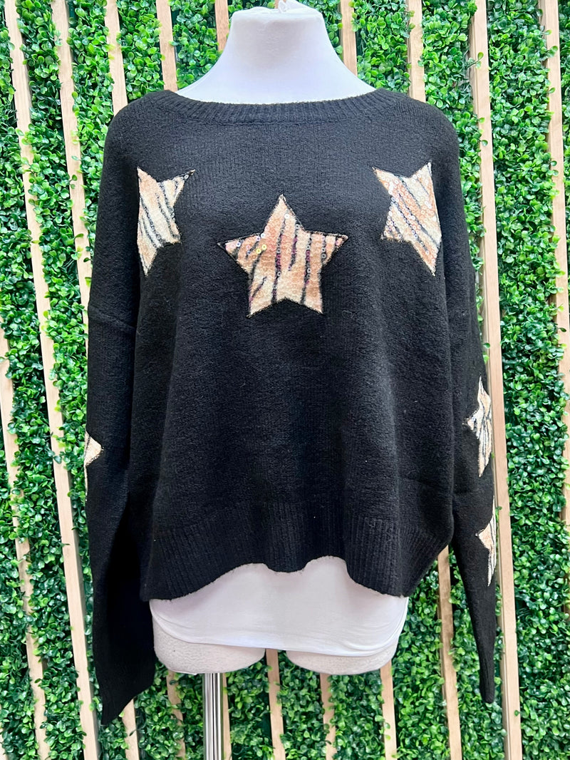 Black Animal Print Star Sweater