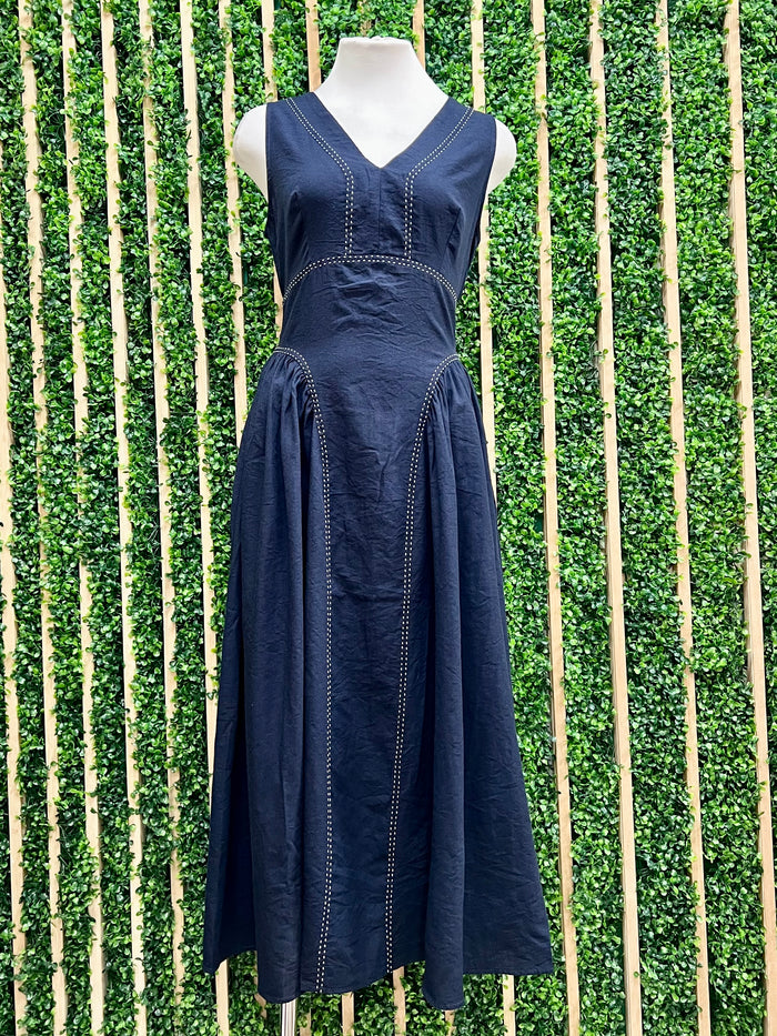 Beautiful Dark Navy  Contrast Stitch Midi Dress
