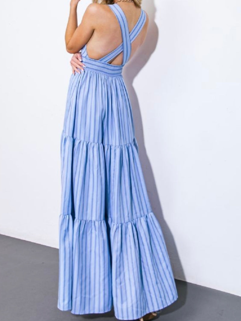 Beautiful Blue Striped V Neck no Maxi Dress