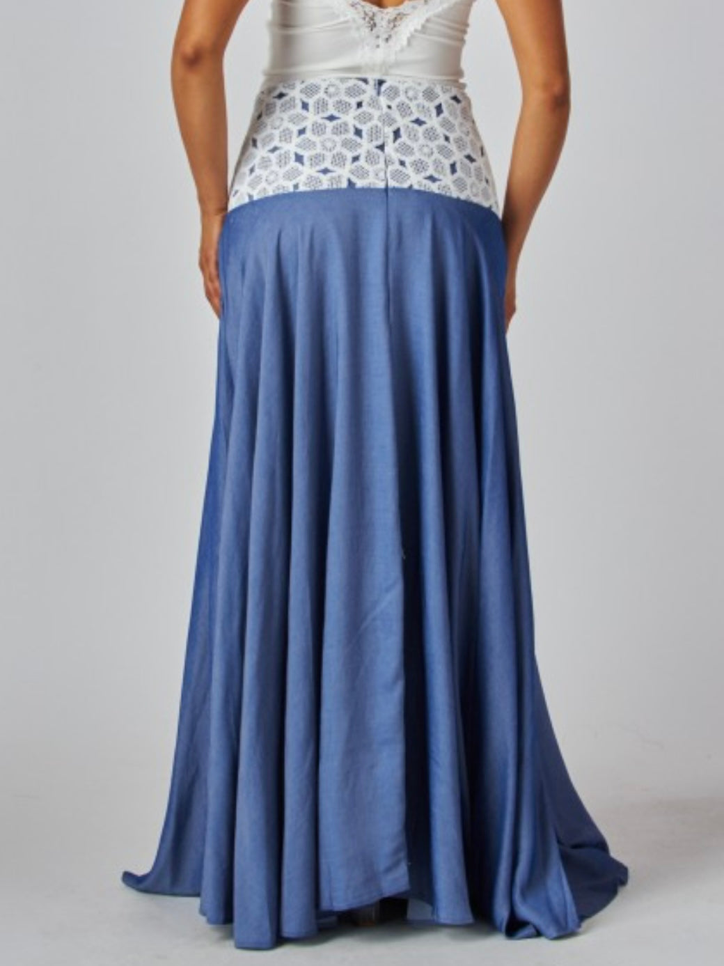 Lace Waist Denim Maxi Skirt