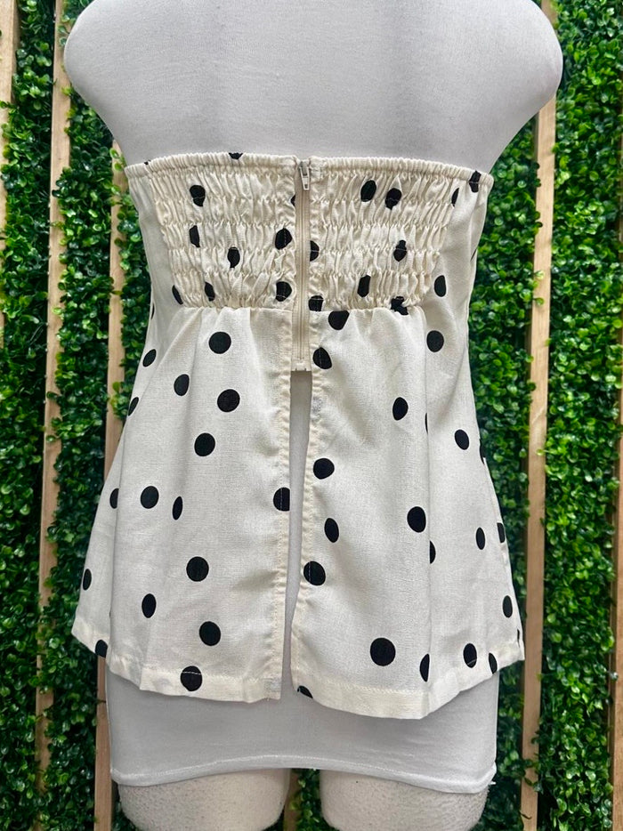 Cream Dots Strapless Peplum Top