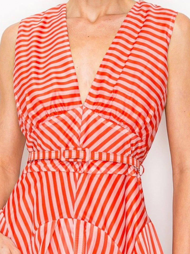 Beautiful Red Striped V Neck Midi Dress