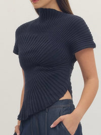 High Neck Knit Swirled Assymmetrical Top