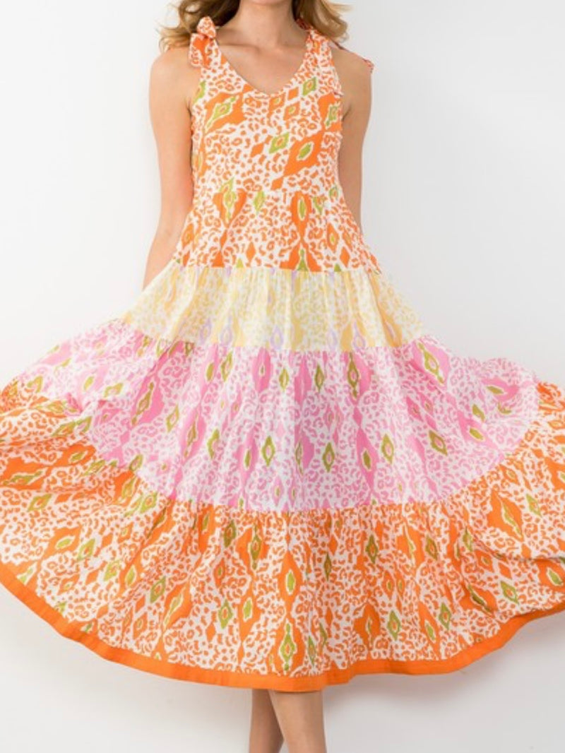 Green Orange Shoulder Tie Tiered Mxi Dress