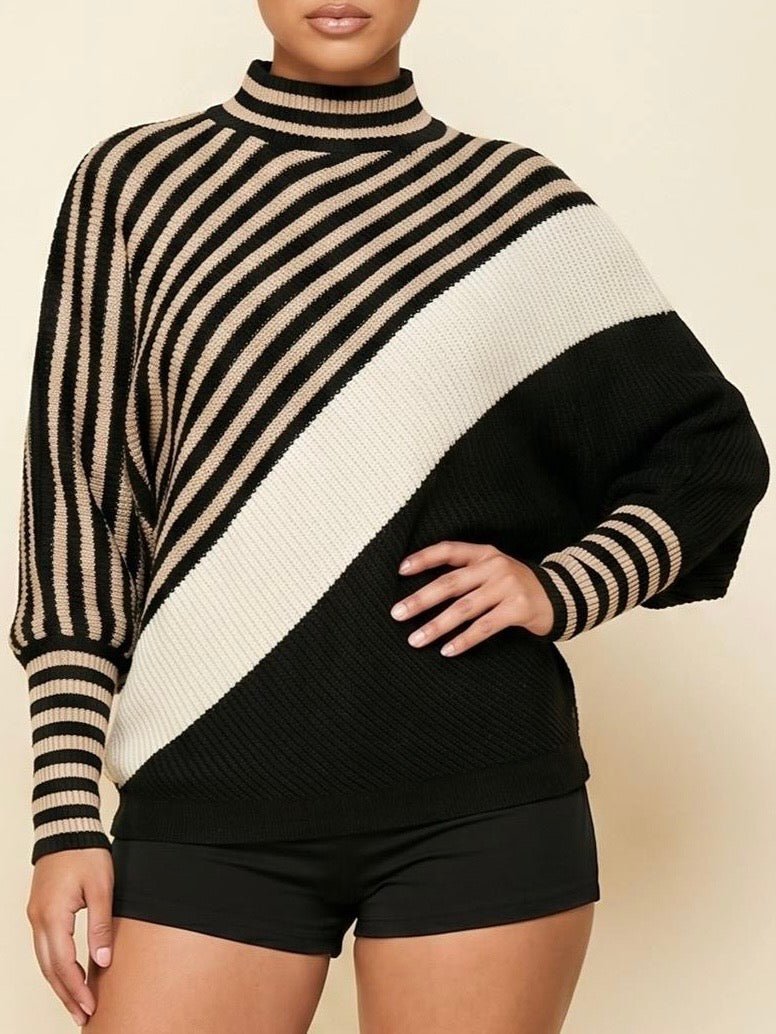 Beige Black Diagonal Striped Colorblock Mock Neck Poncho Sweater