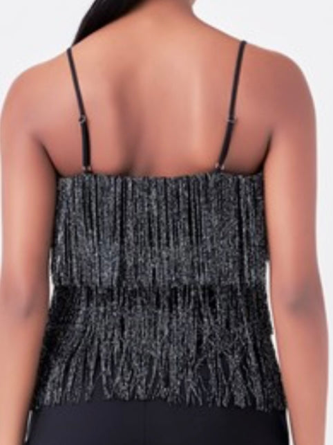 Black Metallic Fringe Strappy Top