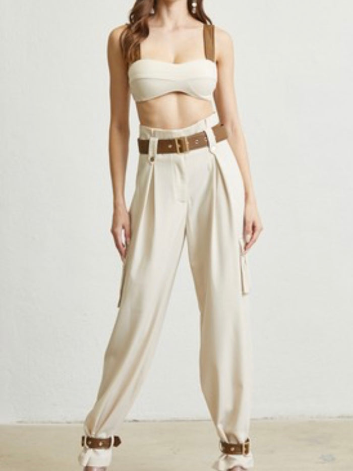 Brown Pleather Trim Detail Bottom