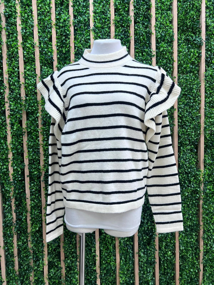 White Stripe Ruffle Sleeves Sweater