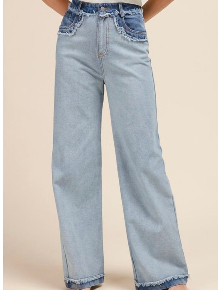 Mid Rise Frayed Contrast Wide Leg Denim