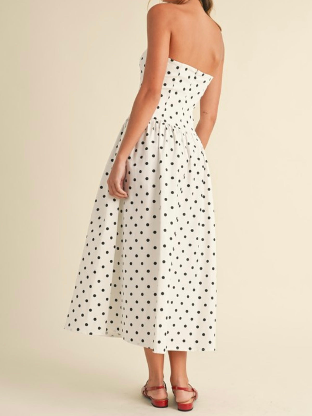 Strapless Polka Dot Drop Waist Midi Dress