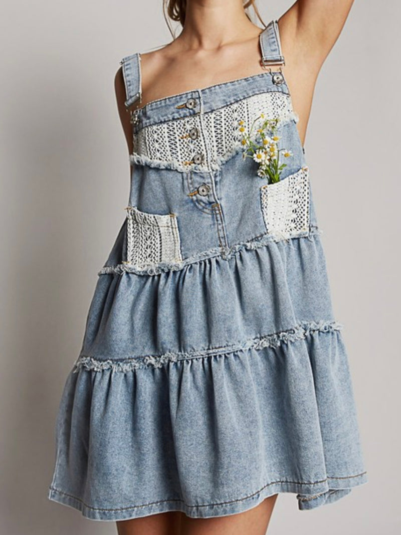 Lace Frayed Denim Skirt Overall