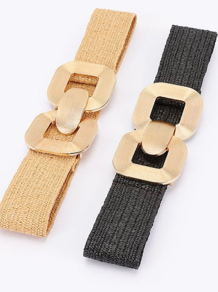 Raffia Textured Metal Buckle Elastic Belt