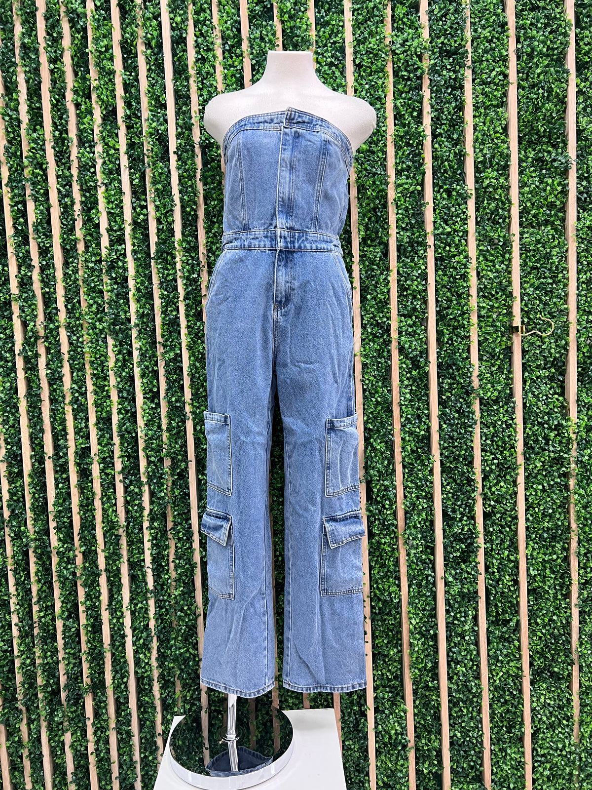 Washed Strapless Cargo Denim Jumpsuit