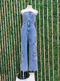 Washed Strapless Cargo Denim Jumpsuit