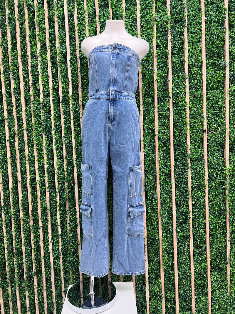 Washed Strapless Cargo Denim Jumpsuit