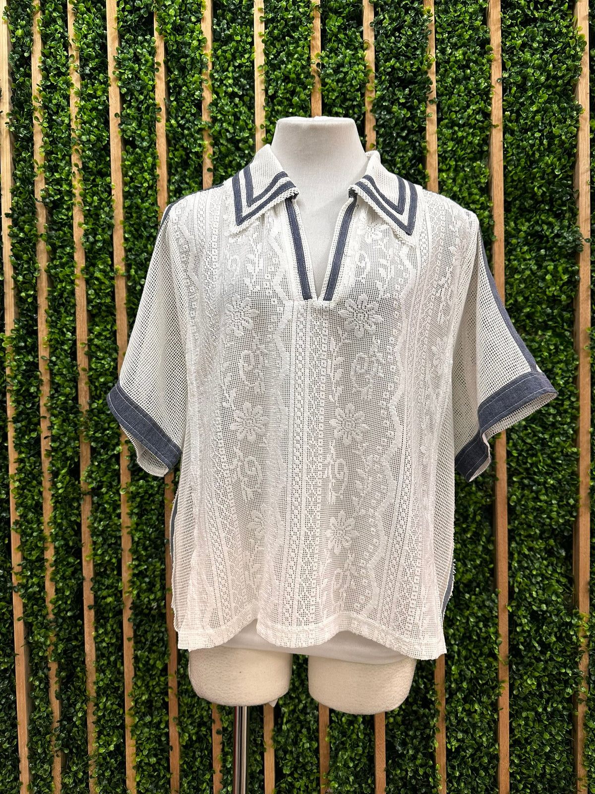 Denim Trim White Lace Button Down Blouse