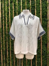Denim Trim White Lace Button Down Blouse